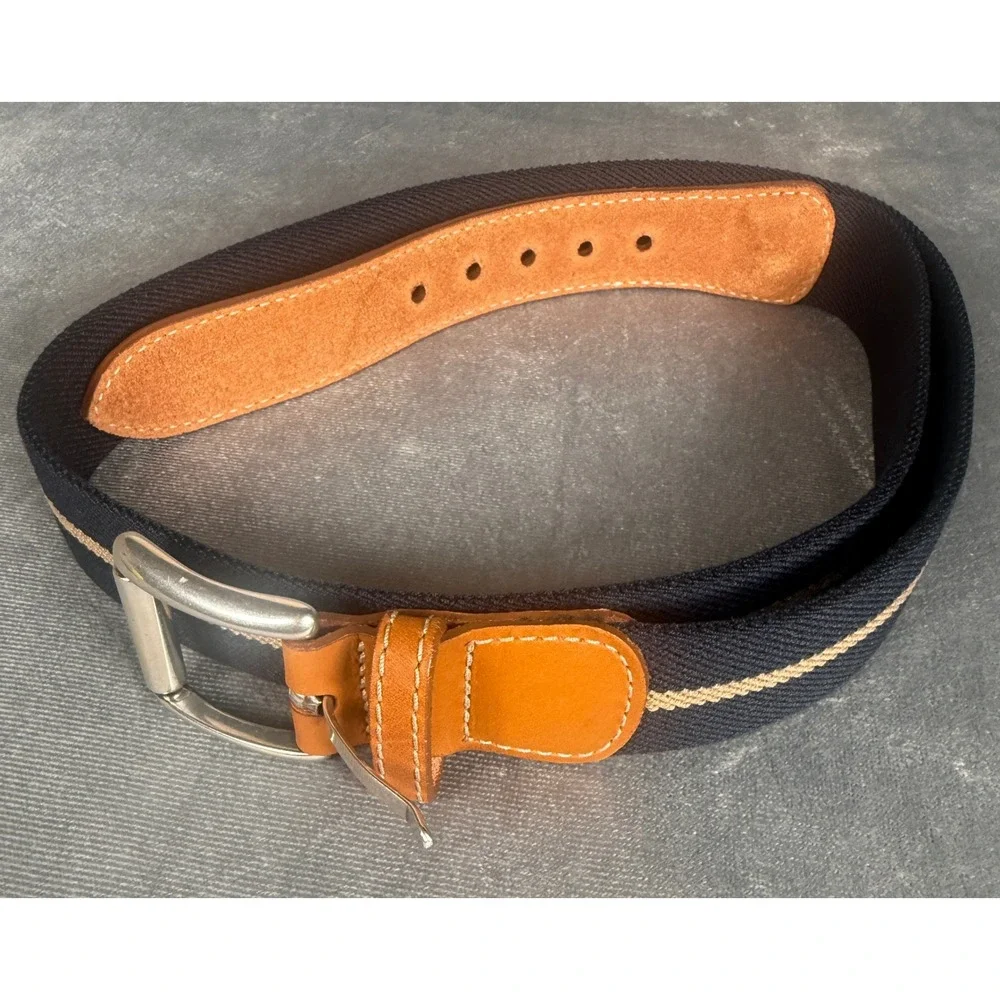 L.L.Bean Stretch Web Belt Navy Tan Stripe Full Grain Leather Trim Size 38 USA